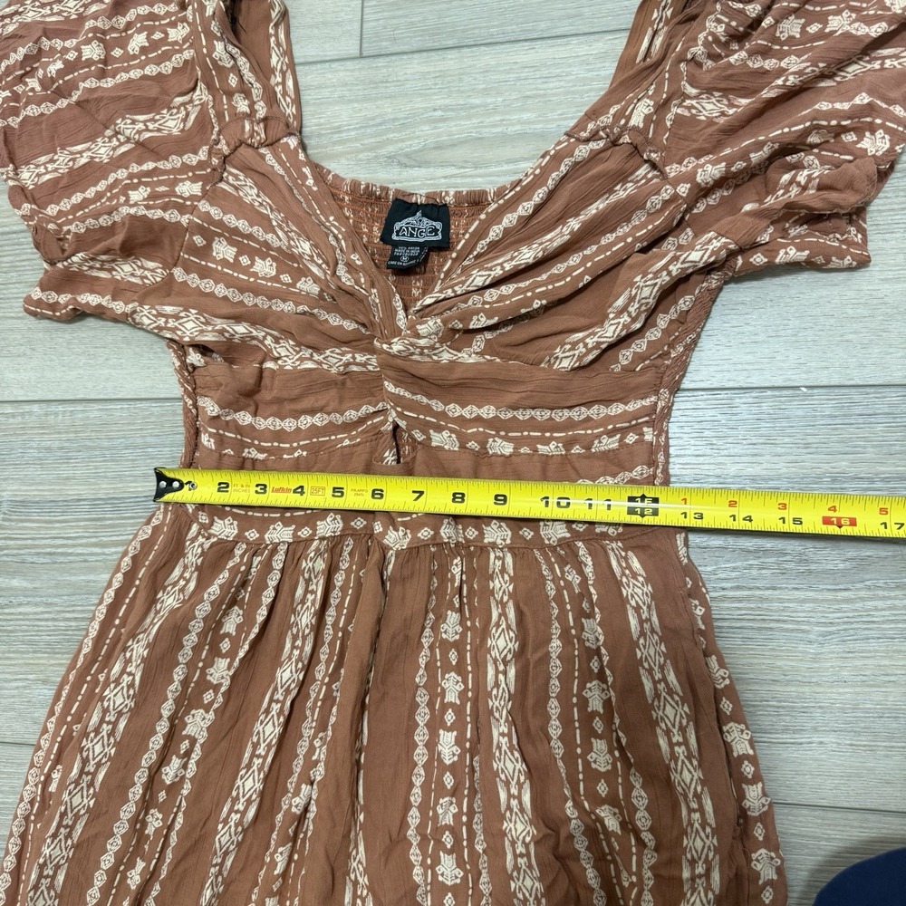 Angie Womens Medium Rust Boho Print Wide Leg Jumpsuit 100% Rayon Flutter Sleeve - Picture 5 of 7